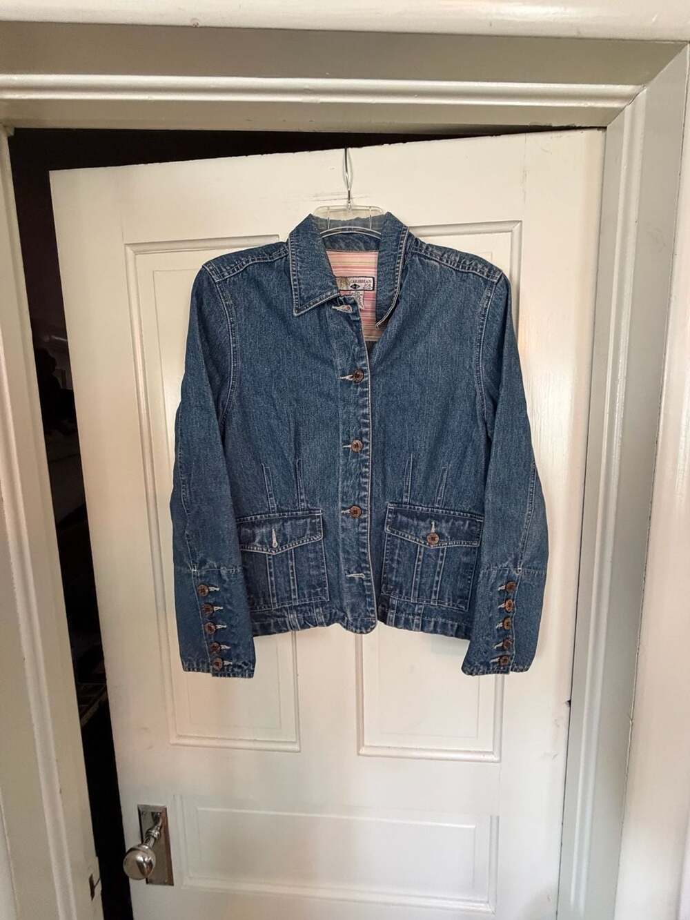 Caribbean Joe Women's Petite Medium Denim Jacket with Decorative Sleeve Buttons